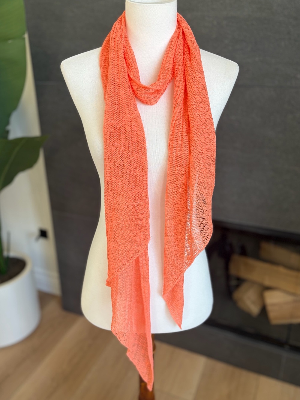 Eileen Fisher Linen Open Knit Scarf Coral